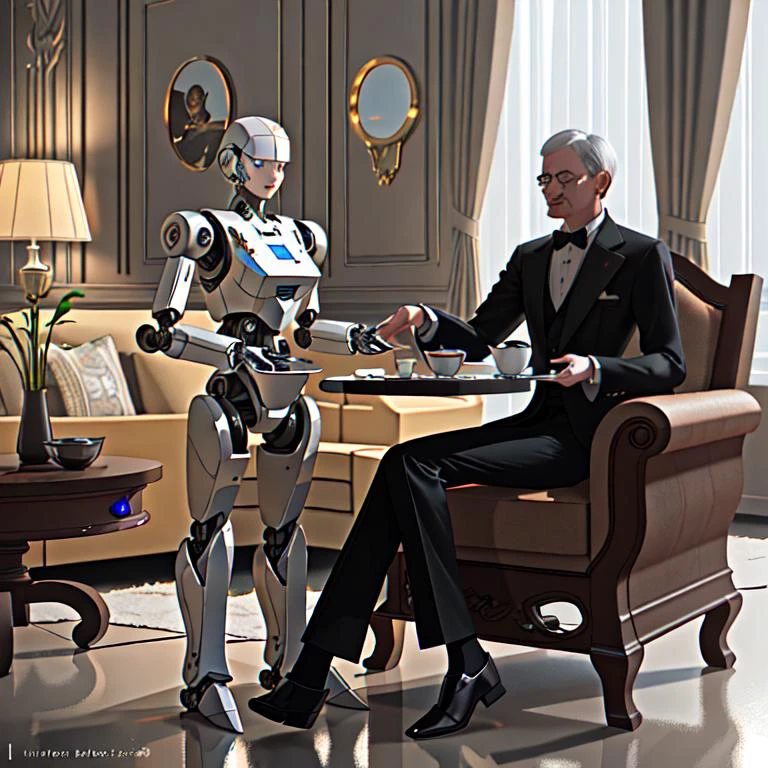 A photorealistic 3D render of a sleek, chrome robot butler with intricate mechanical details, serving tea on a silver tray in a luxurious living room.