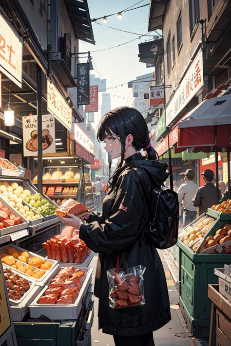 ((best quality, masterpiece, absurbres, super-resolution)), Busy market, Morning Grocery Shopping, girl next door, crowd, fish and meats