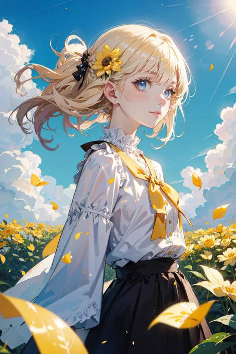 ((best quality, masterpiece, absurbres, super-resolution)),(kawaii:1.2), Spring, Clear Sky, Beautiful Clouds, Yellow flower petals flying, (Windy:1), Aesthetic Framing
