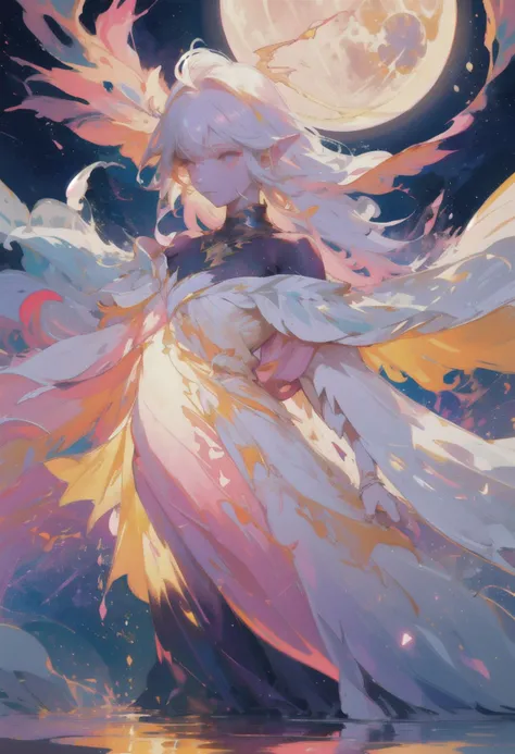 score_9, score_8_up, score_7_up, score_6_up, score_5_up, score_4_up, vivid color, best quality, masterpiece, absurdres, super-resolution, sexy girl, 1girl, full body, young, magical, night, beach, moon, ethereal, elfin figure, long, flowing white hair, pointed ears, vibrant, neon-colored dress that transitions through shades of pink, yellow, and orange. The dress appears to be melting, with colors dripping down and blending into the ground beneath, moonlight, moon beams, surreal, otherworldly, striking visuals, mystical being, fantasy