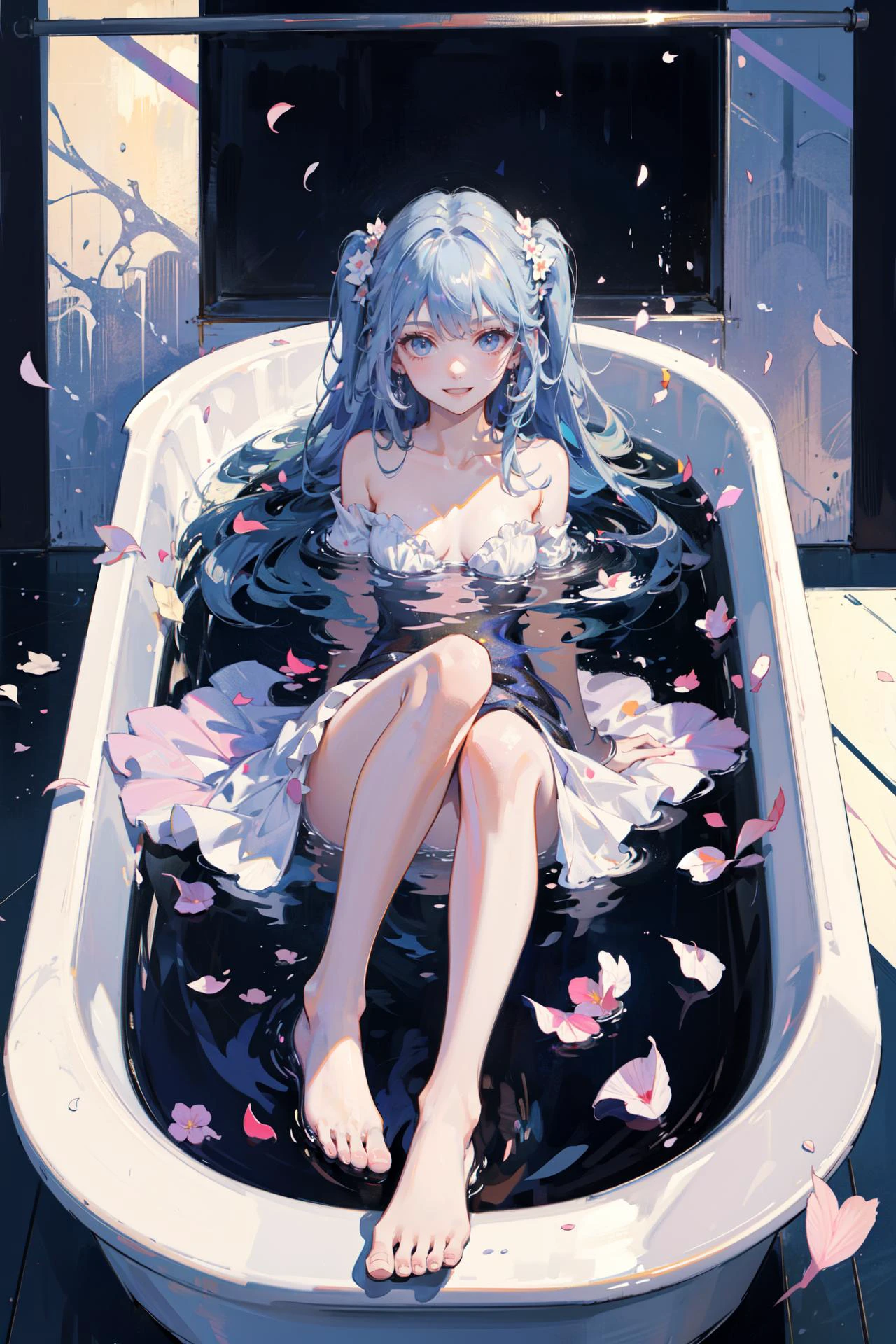 ((best quality, masterpiece, absurbres, super-resolution)), 1girl, Fractal Art, Colorful, bathtub filled with petals:1.3)