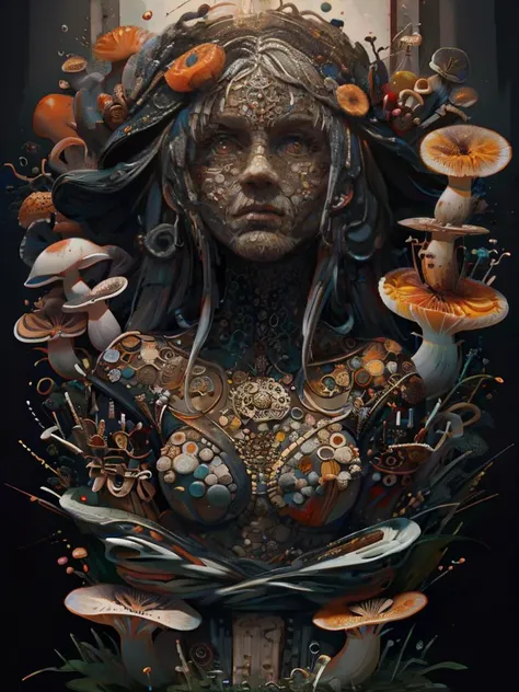 lovecraftian horror with incomprehensible form made of mushroomz, symbols, intricate details, colorful, abstract, realism <lora:ral-mushroomz-sd15:1>