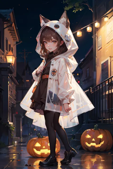 ((best quality, masterpiece, absurbres, super-resolution)),<lora:detail_slider_v4:1>,1girl,:d,chibi,raincoat,pop style,glowing,solo,looking at viewer,halloween,pumpkin,blush,long hair,bangs,brown hair,animal ears,brown eyes,standing,outdoors,shoes,blurry,tree,see-through,night,blurry background,animal hood,