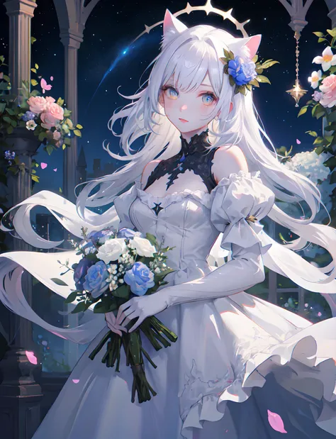 1 KAWAII cat girl. white gothic dress, flower garden, starry sky, Light reflects on the skin. bouquet.
__haircolor__ hair, __hairstyle__, __eyecolor__ eye, __skin-color__ skin.
Exact Physics. Perfect anatomy, best quality. ultra detailed.