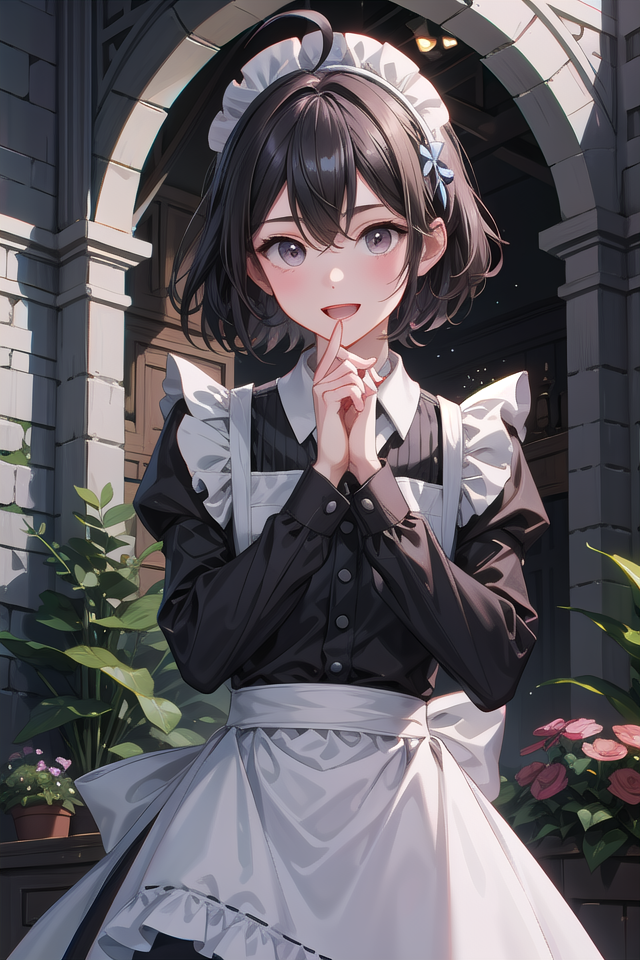 Anime girl in maid outfit posing for a picture in front of a building ...
