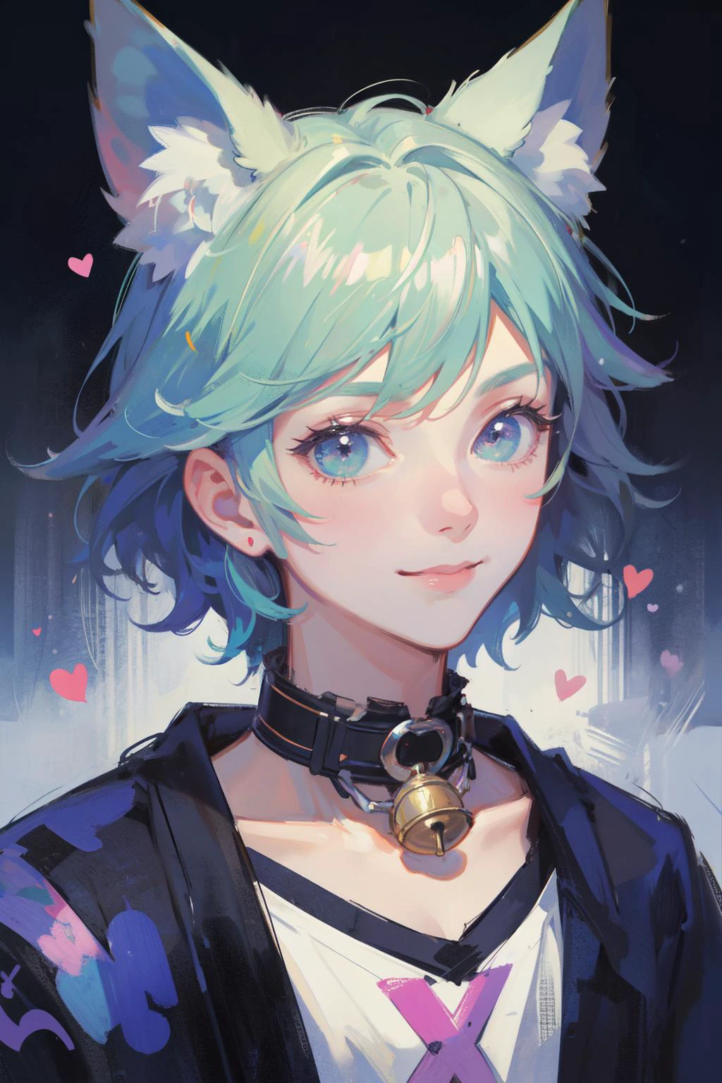 ((best quality, masterpiece, absurbres, super-resolution)),1boy,male focus,animal ears,bell,collar,heart,neck bell,short hair,smile,lofi artstyle,decora kei fashion,kawaii,90's anime aesthetic,japanese pop art,retro,