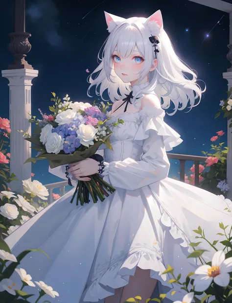 1 KAWAII cat girl. white gothic dress, flower garden, starry sky, Light reflects on the skin. bouquet.
__haircolor__ hair, __hairstyle__, __eyecolor__ eye, __skin-color__ skin.
Exact Physics. Perfect anatomy, best quality. ultra detailed.