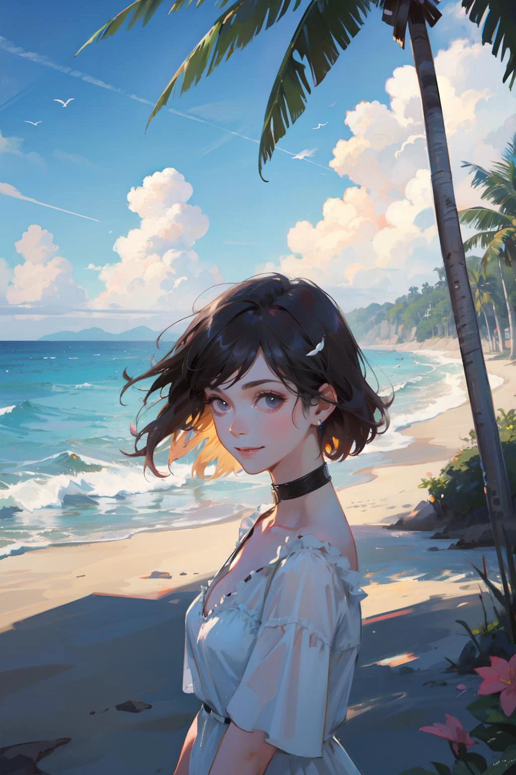((best quality, masterpiece, absurbres, super-resolution)),photorealistic,1girl,short hair,choker,earring,look looking at viewer,(Cleavage:0.75),smiling,Morning light,seaside,beach,Volkswagen T1,coconut trees,ocean,sky,flowers,