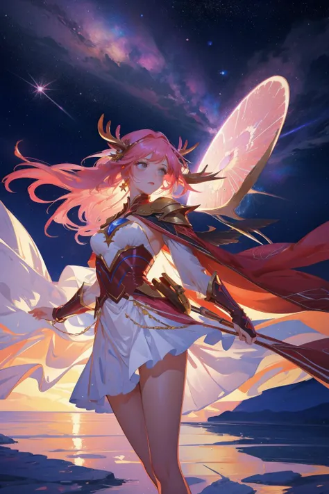 ice and red fire, intricate,
1girl Hikari, elf, average height, slender yet athletic build.
pink hair streaked,
fair skin,
intricate patterns reminiscent of radiant energy, shimmering softly when exposed to light.
(holding two swords Blades in her both hands:1.15),
form-fitting leather armor and flowing garments in vibrant hues of white and gold and celestial blue clothes.
Adornments of iridescent gemstones are intricately woven into their attire, emanating a gentle glow,
boots are reinforced with silvery plate,
translucent cloak,
silver Blade with faint engravings of moonlit Sakura petals shimmer softly,
Hilt: The hilt of the wakizashi is wrapped in a luxurious, deep purple silk
big sword,
The blade of the massive sword Soulfire gleams with a radiant hue the colors transition from deep crimson at the base to golden yellow towards the tip,
(best quality:1.2), (detailed, 4k, high quality:1.05)