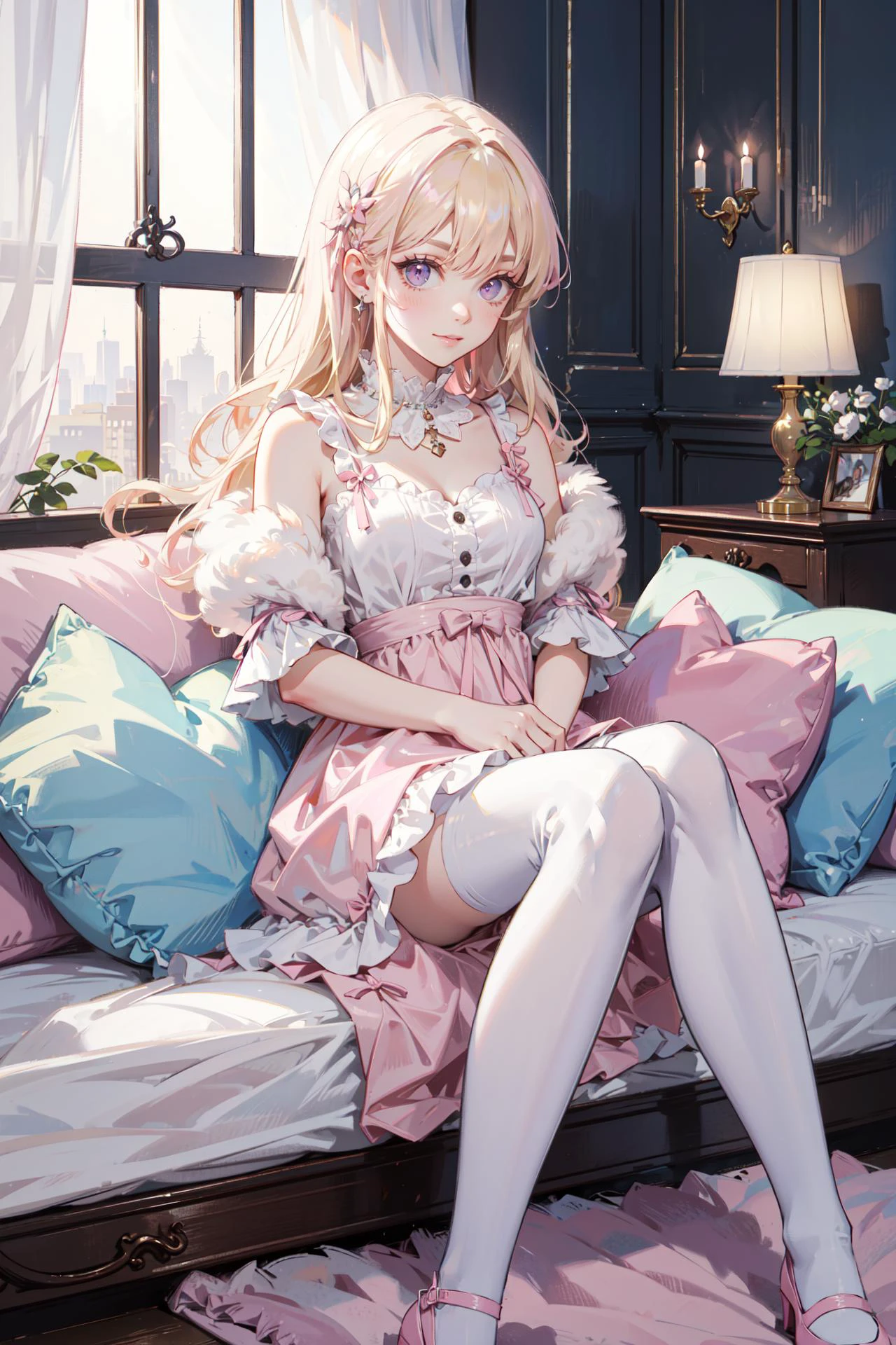 ((best quality, masterpiece, absurbres, super-resolution)), Blonde Hair, (Pastel Pink and white:1.3), (fuwafuwa kawaii Interior:1), Lots of Pillows, Lots of Cushions, Fur Carpet, Doll dress, big hair, long eyelashes, Mansion