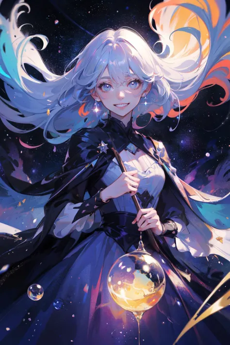((best quality, masterpiece, absurbres, super-resolution)),1girl,happy512,stars in the eyes,messy floating hair,colored inner hair,Starry sky adorns hair,(lots of big colorful Bubble),(pearl),(Galaxy),depth of field,