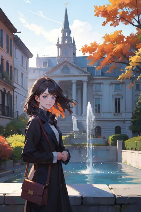 ((best quality, masterpiece, absurbres, super-resolution)),girl and boy,in autumn,smile,fountain,park,magnificent_architecture,day,