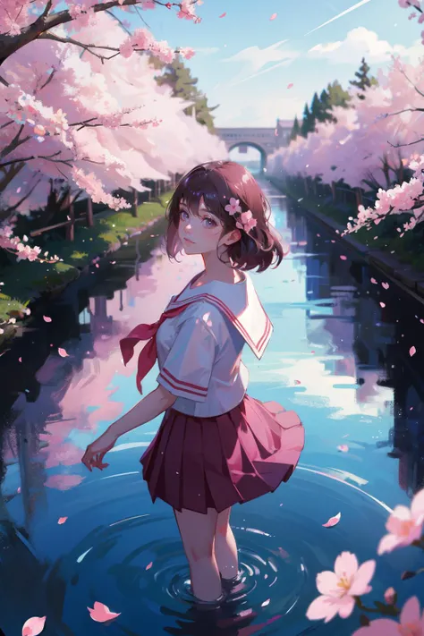 ((best quality, masterpiece, absurbres, super-resolution)),ray tracing,pink theme,in spring,petals,cherry blossoms,beautiful detailed sky,from above,1girl,solo,serafuku,pleated skirt,water,reflection,standing on liquid,light particles,bokeh,blurry,depth of field,blurry background,