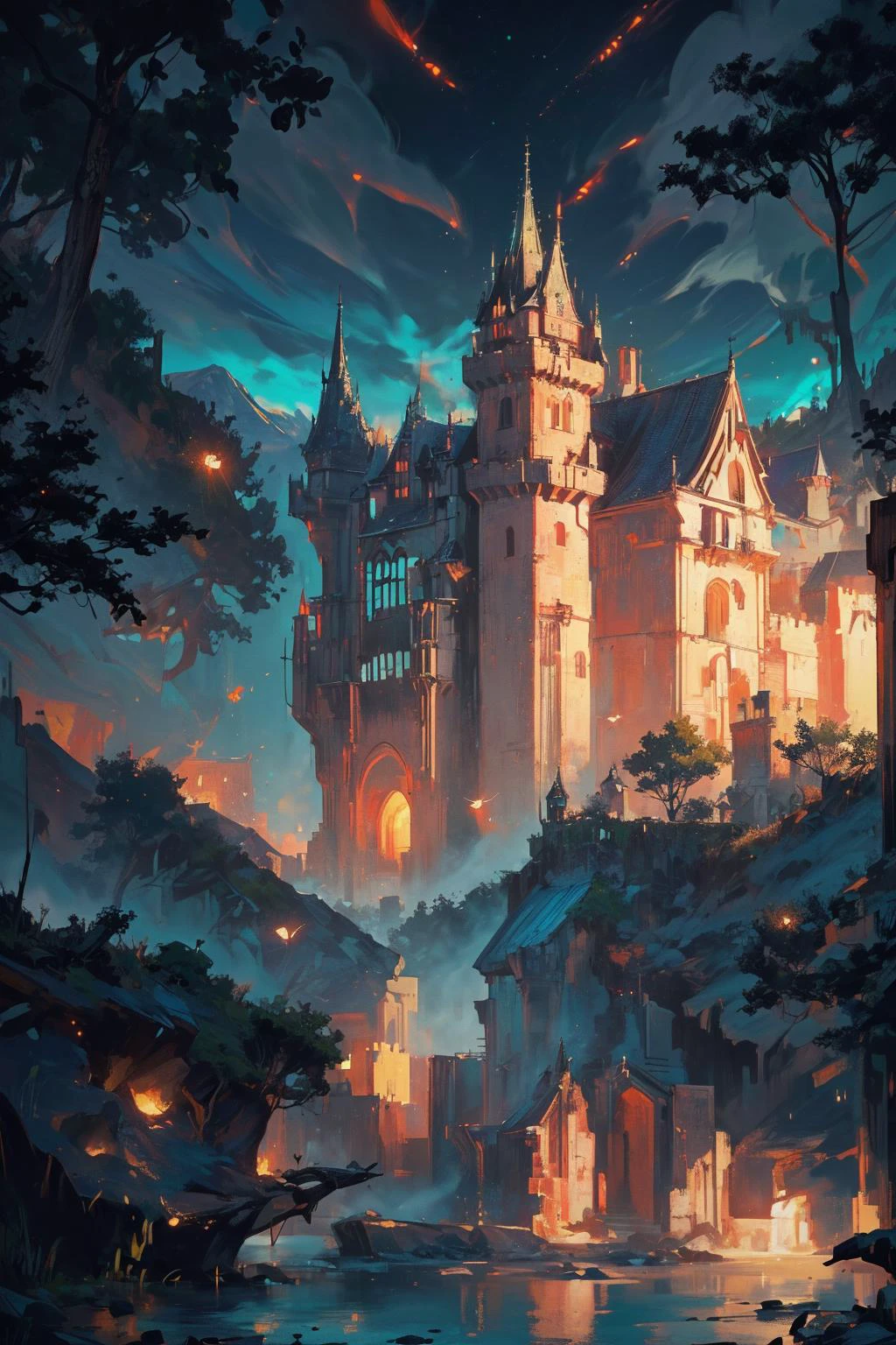 (sinister castle:1.3), ruin, night, dark, synthwave, fireflies, landscape, curved trees, green fog, bokeh, complex background, intricate details, teal and orange, dirt, intricate detail, Suthin tones, mountain slopes, hyperdetailed, water, reflections, muted colors, <lora:add_detail:1> <lora:SDXLrender_v2.0:1>