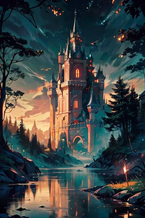 (sinister castle:1.3), ruin, night, dark, synthwave, fireflies, landscape, curved trees, green fog, bokeh, complex background, intricate details, teal and orange, dirt, intricate detail, Suthin tones, mountain slopes, hyperdetailed, water, reflections, muted colors, <lora:add_detail:1> <lora:SDXLrender_v2.0:1>