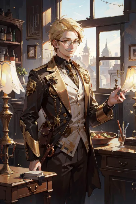 steampunk style, ((best quality, masterpiece, absurbres, super-resolution:1.1),1man,old,mature,brown eyes,kind_smile,indoors,blonde hair,indoors,glasses,:1.1), antique, mechanical, brass and copper tones, gears, intricate, detailed