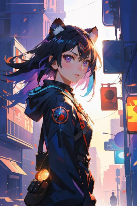 1girl, epic Concept art, stylized, eye-level shot of a Ridiculous Lovely ("Salamangreat Jack Jaguar":1.3) , Space-time continuum background, dense city street and Interstellar medium in background, at Twilight, soft focus, (stylized by David Spriggs:1.0) , Vivid, Sad, Kawaii anime, cinematic lighting, Fish-eye Lens, Oversaturated, Rainbow explosions, Acid colors dust particles, masterpiece, artstation