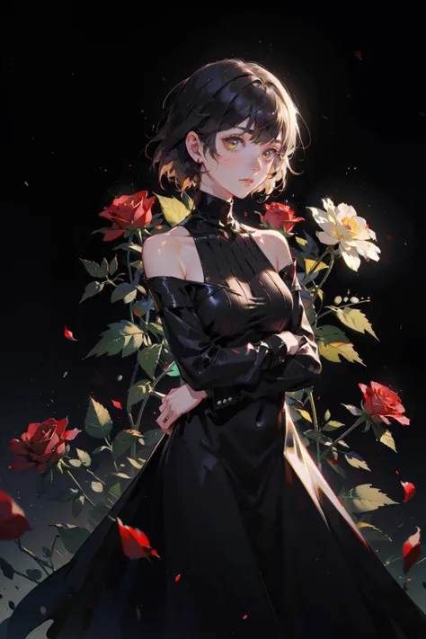 (best quality, masterpiece, absurbres, super-resolution:1.1),red roses,black background,background lighting,blurred background,dust,
1girl,black hair,yellow eyes,short hair,turtleneck black dress,one sleeve dress,exposed shoulder,long dress,calm expression,