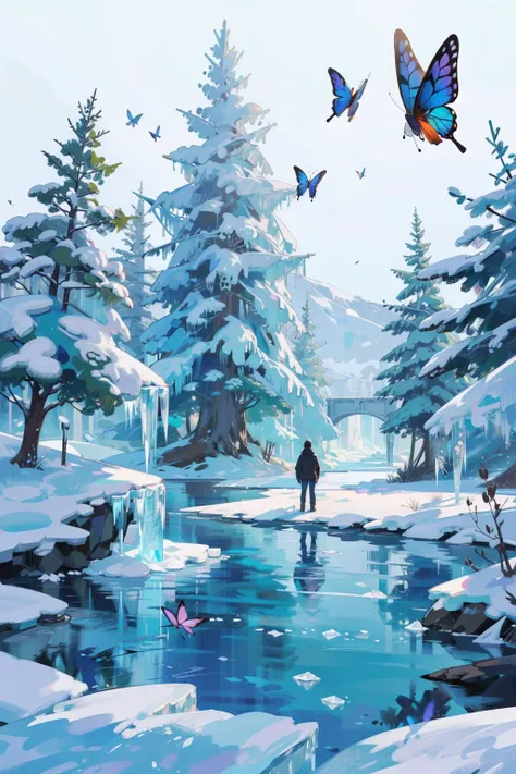 (best quality, masterpiece, absurbres, super-resolution:1.1),
((ice forest)),(butterflies 4.5),((fire butterflies)),crystal forest,large frozen lake,flickering trail of butterflies,