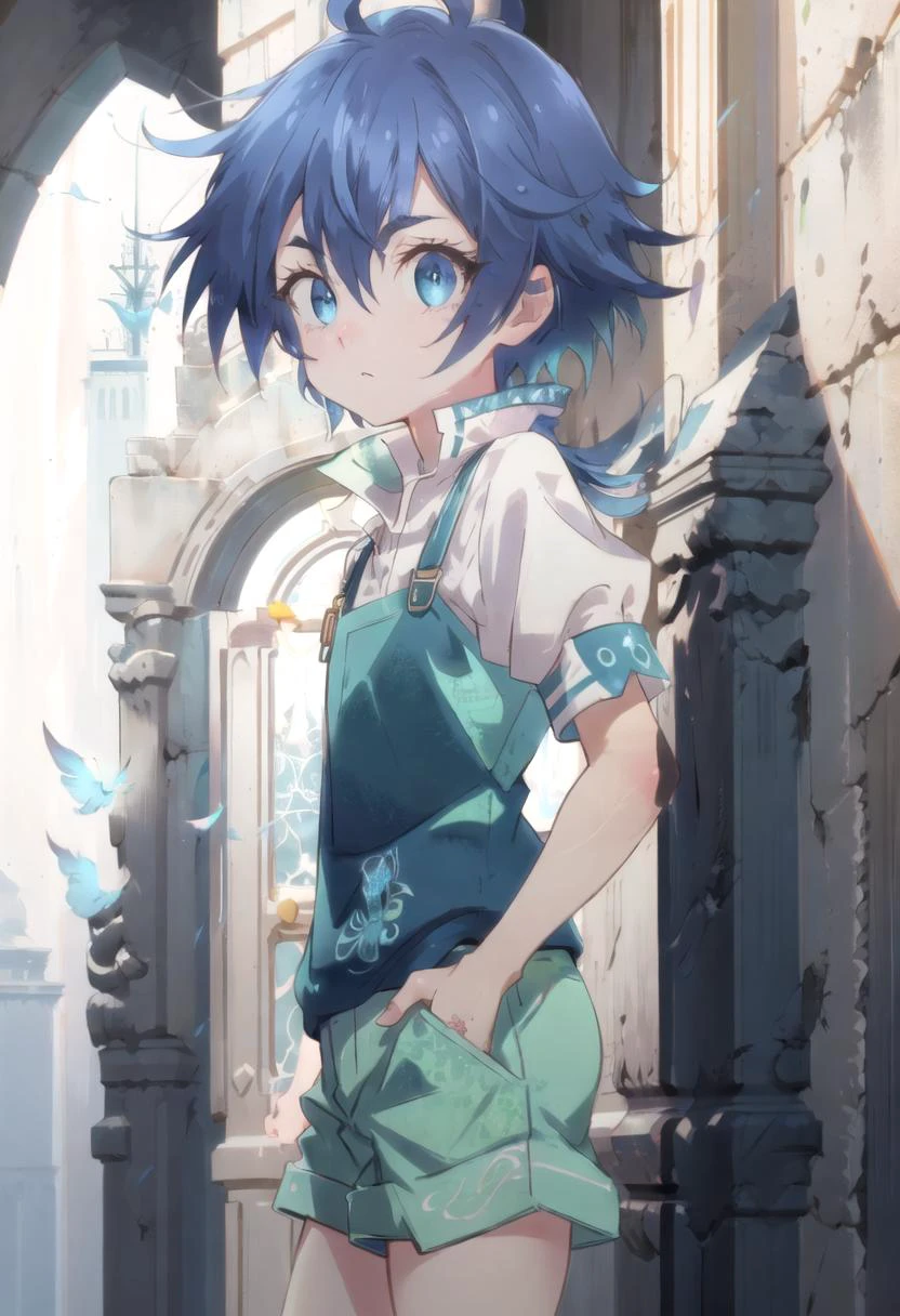 <lora:lloyd-de-saloum-sd:0.7>,(1boy:1.4),lloyd, green shorts,blue hair, masterpiece, ultra detail, blue eyes, short sleeves, puffy sleeves,(masterpiece:1.2), best quality, high resolution, unity 8k wallpaper, (illustration:0.8), (beautiful detailed eyes:1.6), extremely detailed face, perfect lighting, extremely detailed CG, (perfect anatomy), anime style, standing male, male focus, GS-Boyish, castle