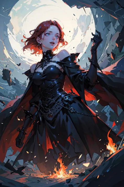 ((best quality, masterpiece, absurbres, super-resolution)), , gothic illustration, dark red, necromancer, silence, dark magic, necromancy , looking down, from below,