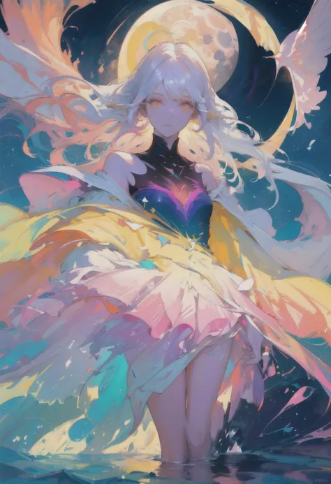 score_9, score_8_up, score_7_up, score_6_up, score_5_up, score_4_up, vivid color, best quality, masterpiece, absurdres, super-resolution, sexy girl, 1girl, full body, young, magical, night, beach, moon, ethereal, elfin figure, long, flowing white hair, pointed ears, vibrant, neon-colored dress that transitions through shades of pink, yellow, and orange. The dress appears to be melting, with colors dripping down and blending into the ground beneath, moonlight, moon beams, surreal, otherworldly, striking visuals, mystical being, fantasy, bold linework