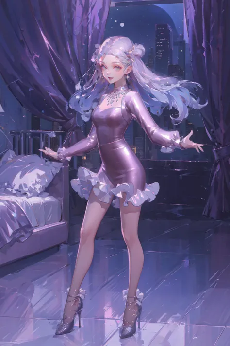 ((expectational, masterpiece, absurbres, ultra-detailed)), 1girl, full body, smiling, happy, fashion, stylish pose, movement, Cityscape skyline, cute bedroom, subsurface scattering, princess, frill curtains, night view, <lora:SYNNzidingyi01:1>