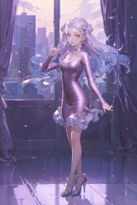 ((expectational, masterpiece, absurbres, ultra-detailed)), 1girl, full body, smiling, happy, fashion, stylish pose, movement, Cityscape skyline, cute bedroom, subsurface scattering, princess, frill curtains, night view, <lora:SYNNzidingyi01:1>