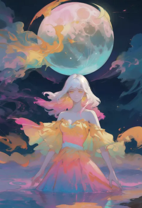 score_9, score_8_up, score_7_up, score_6_up, score_5_up, score_4_up, sexy girl, 1girl, full body, young, magical, night, beach, moon, ethereal, elfin figure, long, flowing white hair, pointed ears, vibrant, neon-colored dress that transitions through shades of pink, yellow, and orange. The dress appears to be melting, with colors dripping down and blending into the ground beneath, moonlight, moon beams, surreal, otherworldly, striking visuals, mystical being, fantasy