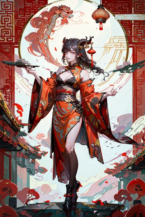 ((best quality, masterpiece, absurbres, super-resolution)), full body, (Happy Chinese New Year:1.6), (blunt bangs, long hair:1.3), straight hair, long side bangs, low cut, cleavage, big hip, beautiful landscapes, futuristic, dragon horns, Happy, peony, hand poses