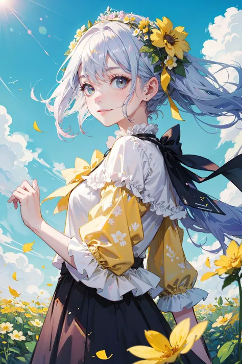((best quality, masterpiece, absurbres, super-resolution)),(kawaii:1.2), Spring, Clear Sky, (Pastel Tones), Yellow flower petals flying, (Windy:1), Aesthetic Framing, W