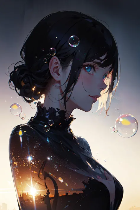 ((best quality, masterpiece, absurbres, super-resolution)), 1girl, bubbles, (Warm theme:1.5), (double exposure:1.5), (silhouette:1.2)