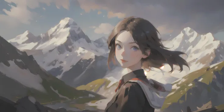masterpiece, best quality, 1girl, face portrait, strong wind, mountains, landscape, popular on art station