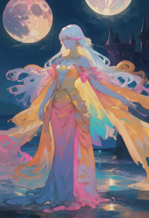 score_9, score_8_up, score_7_up, score_6_up, score_5_up, score_4_up, sexy girl, 1girl, full body, young, magical, night, beach, moon, ethereal, elfin figure, long, flowing white hair, pointed ears, vibrant, neon-colored dress that transitions through shades of pink, yellow, and orange. The dress appears to be melting, with colors dripping down and blending into the ground beneath, moonlight, moon beams, surreal, otherworldly, striking visuals, mystical being, fantasy