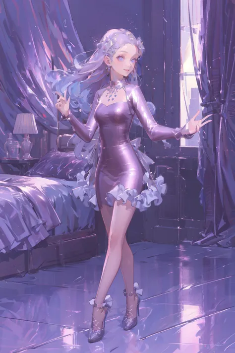 ((expectational, masterpiece, absurbres, ultra-detailed)), 1girl, full body, smiling, happy, fashion, stylish pose, movement, Cityscape skyline, cute bedroom, subsurface scattering, princess, frill curtains, night view, <lora:SYNNzidingyi01:1>