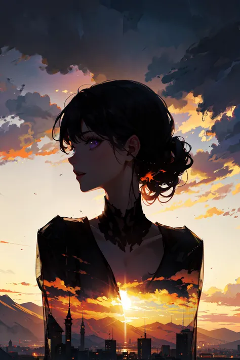 ((best quality, masterpiece, absurbres, super-resolution)), 1girl, (Warm theme:1.3), (double exposure:1.3), (silhouette:1.4)