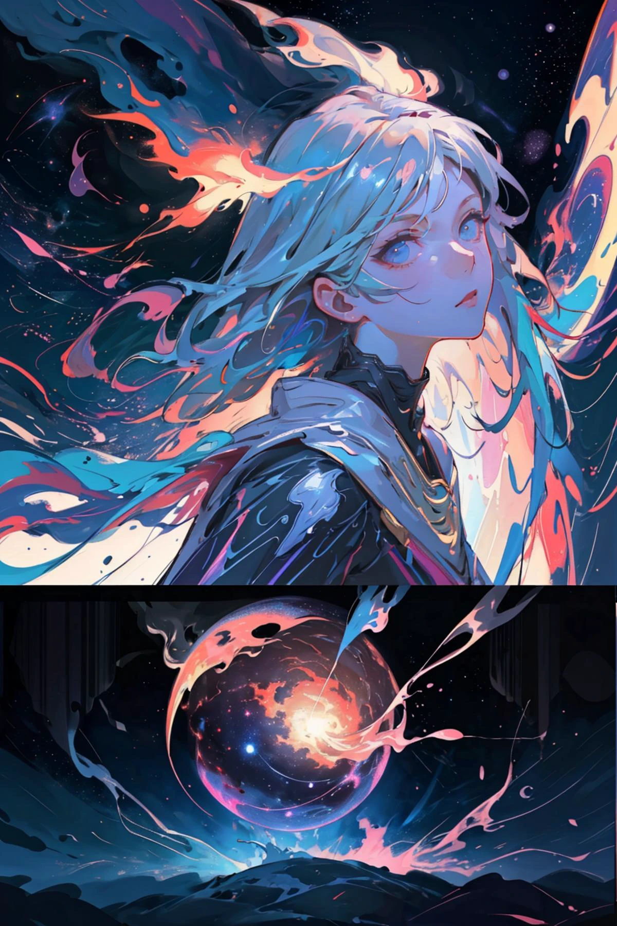 ((nebula)),paint splash, color smokes, color splash, colorful, wet glossy, swirling, midnight, night skyscape, supernova, moon, galaxies, spirals, space, nebulae, stars, smoke, ((masterpiece)), (high quality), (Ultra-HD), (high-resolution), (4k, 8k, 16k), (epic), (insanely detailed:1), (hyper-realistic:1), (HDR, vivid colors, colorful), (vfx, bokeh), (volumetric lighting, global illumination, ray tracing:1), absurdres, anime style, concept art, professional drawing, digital drawing, edge lines, harsh shadows, high contrast, ultra-realistic, RAW, award winning photography, professional film photography, film photography:1.2, photorealistic, depth of field, shallow focus, (studio lighting:1), (studio film photography:1.5) <lora:hd_helper_v1:0.5>