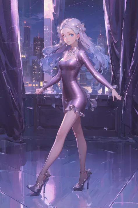 ((expectational, masterpiece, absurbres, ultra-detailed)), 1girl, full body, smiling, happy, fashion, stylish pose, movement, Cityscape skyline, cute bedroom, subsurface scattering, princess, frill curtains, night view, <lora:SYNNzidingyi01:1>