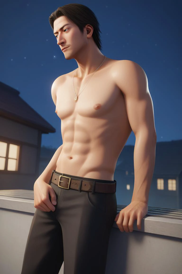 score_9, score_8_up, score_7_up, BREAK, 1boy, solo,  <lora:akiyama-guy-PONYv1:.9>, akiyama, necklace, belt, black pants, outdoors, night sky, rooftop, topless male,