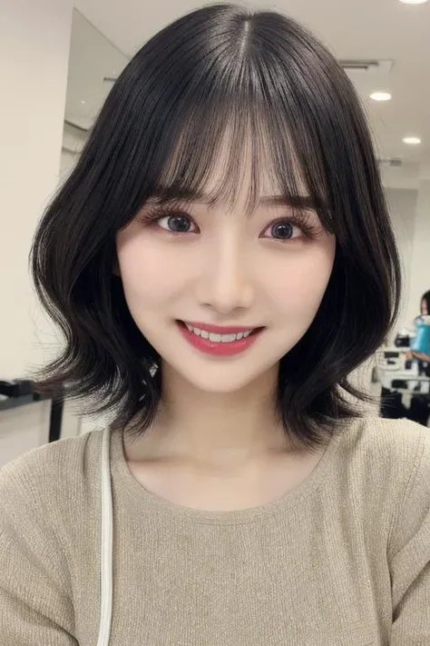 best quality, professional lighting, super detailed, realistic, beautiful detailed eyes,(upper body:1.3),smile <lora:hinano_v1:0.8> hinano,wavy bob hair