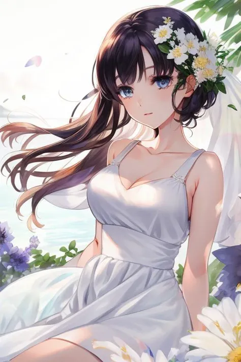 anime,1girl,white dress,face, looking at viewer,arms behind back,flower<lora:Kaisen_Tobiuo-000009:1>