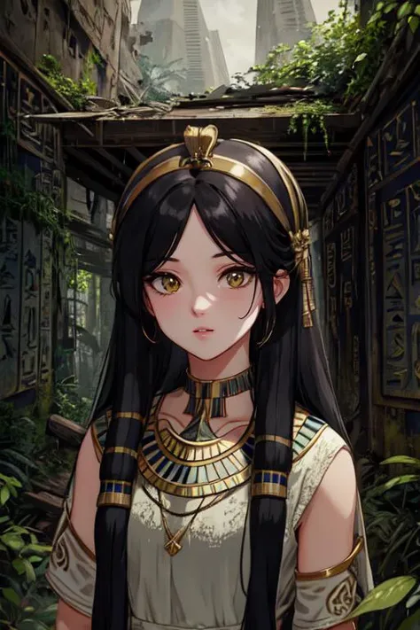 (otherworldly), highly insanely detailed, masterpiece, top quality, best quality, highres, 4k, 8k, RAW photo, (very aesthetic, beautiful and aesthetic), 
1girl, solo, <lora:BLGirl_R001_ShenHe:0>, portrait, upper_body
((ancient egyptian theme:1.2)), ancient egyptian symbol, 
taiwan, korean, 
((post-apocalyptic:1.2)), 
abandoned building, overgrown with vegetation, ruin, 
water, 
(gardens, village:0.6), 
mythical, mysterious,