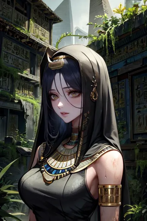 (otherworldly), highly insanely detailed, masterpiece, top quality, best quality, highres, 4k, 8k, RAW photo, (very aesthetic, beautiful and aesthetic), 
1girl, solo, <lora:BLGirl_R001_ShenHe:0>, portrait, upper_body
((ancient egyptian theme:1.2)), ancient egyptian symbol, 
taiwan, korean, 
((post-apocalyptic:1.2)), 
abandoned building, overgrown with vegetation, ruin, 
water, 
(gardens, village:0.6), 
mythical, mysterious,