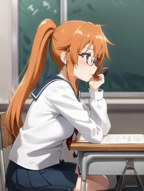 <lora:PovSideClass:0.7> PovSideClass, 1girl, solo, long hair, blue eyes, skirt, sitting, school uniform, ponytail, glasses, serafuku, orange hair, shiny hair, english text, alternate hairstyle, chair, desk, black serafuku, bespectacled, school desk, pencil, looking away,
