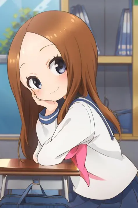 masterpiece, best quality, ,<lora:GoodHands-vanilla:0.8> <lora:anmnr01:0.3> <lora:add_detail:0.5>,1girl,morning,from left side view,classroom,desk,leaning forward,forehead,
<lora:Takagi_San:0.8>,takagi_san ,summer sailor uniform,<lora:PovSideClass:0.8>,PovSideClass,smile,happy,(looking up viewer,put one's cheeks on one's cheeks)
