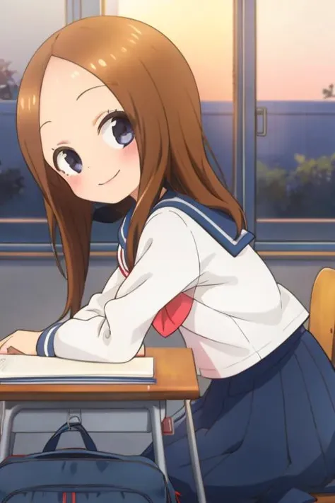 masterpiece, best quality,   ,<lora:GoodHands-vanilla:0.8> <lora:anmnr01:0.3> <lora:add_detail:0.5>,morning,from side,
 <lora:Takagi_San:0.7>,takagi_san ,summer sailor uniform,<lora:PovSideClass:0.7>,classroom,desk,looking at viewer,PovSideClass,smile,happy