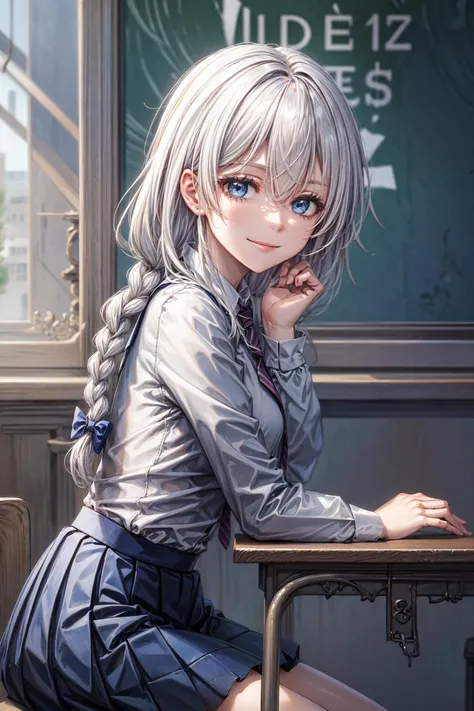 (masterpiece, best quality:1.2), absurdres, highres,sharp focus, gorgeous detail face,gorgeous detail eyes,masterpiece, best quality, absurdres,
kallen kaslana, white hair, 1girl, blue eyes, braid,long hair, braided ponytail, bangs,hair between eyes,(single braid), <lora:kallen_768_v2_lion_optimizer_dim64_loraModel_float_1e-1noise_token1_7-3-2023:0.6>,
short-sleeved JK_shirt,JK_style,dark blue JK_skirt ,bow JK_tie,school uniform,pleated skirt,
PovSideClass,sitting,looking at viewer, smile,from side,classroom,school desk,<lora:PovSideClass:0.6>,
<lora:add_detail:1>