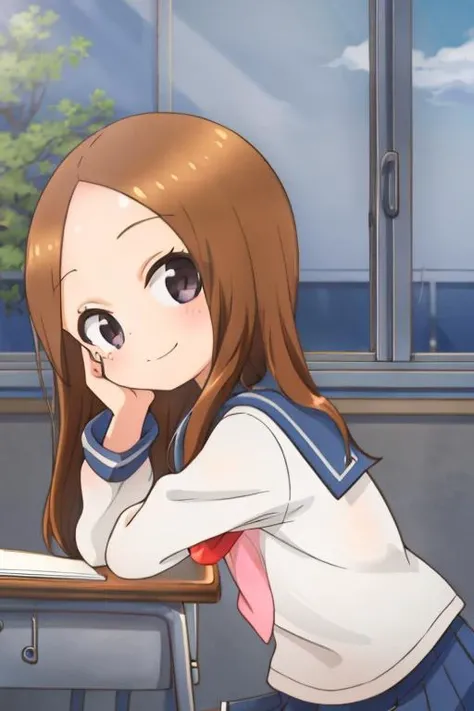masterpiece, best quality, ,<lora:GoodHands-vanilla:0.8> <lora:anmnr01:0.3> <lora:add_detail:0.5>,1girl,morning,from left side view,classroom,desk,leaning forward,
<lora:Takagi_San:0.7>,takagi_san ,summer sailor uniform,<lora:PovSideClass:0.8>,PovSideClass,smile,happy,looking up viewer,put one's cheeks on one's cheeks