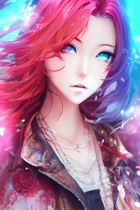 Meitu, anime style, 1girl, solo, blue hair, extremely detailed beauty, blue eyes, leather jacket, genshin impact, perfect eyes, perfect face, art by artgerm, rose petal, guweiz, wlop, octane render,meitu