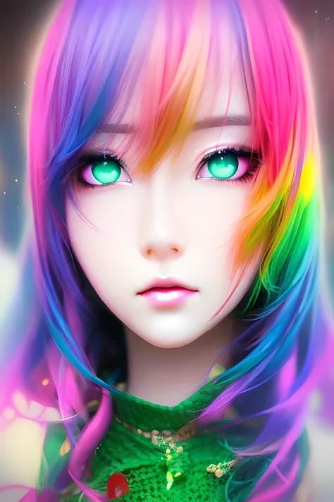 Meitu, anime style, 1girl, solo, blue hair, extremely detailed beauty, green eyes, leather jacket, genshin impact, perfect eyes, perfect face,collar bone, rainbow background, art by artgerm,sakura petal, guweiz, wlop, octane render,meitu